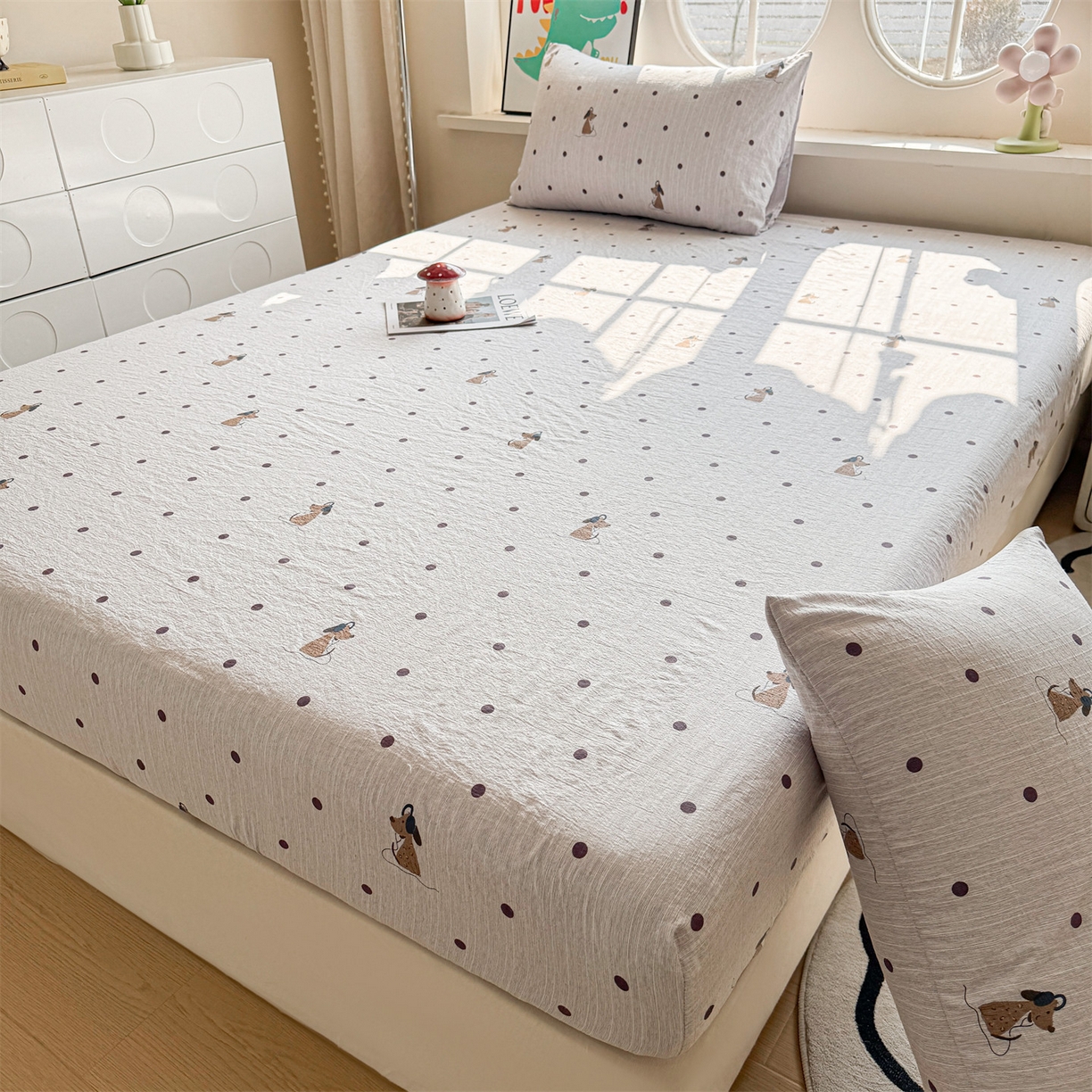 91家纺网 家纺一手货源 找家纺 （总）雯豆家纺 2026春夏新款色织提花单层床笠三件套印花小清新卡通床罩