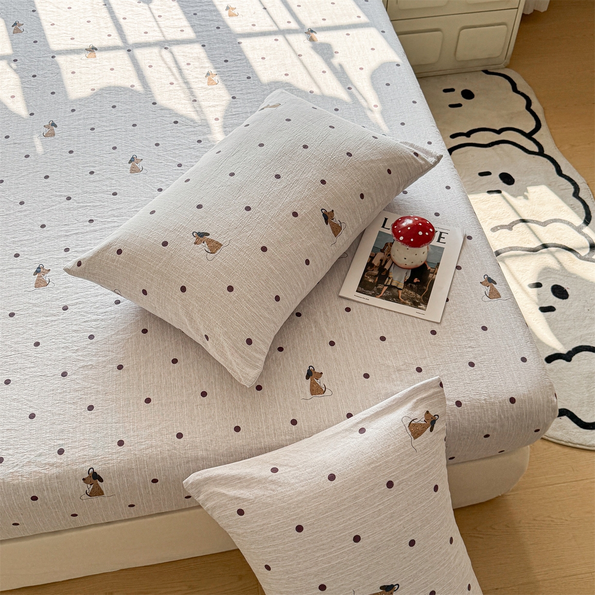 91家纺网 家纺一手货源 找家纺 （总）雯豆家纺 2026春夏新款色织提花单层床笠三件套印花小清新卡通床罩