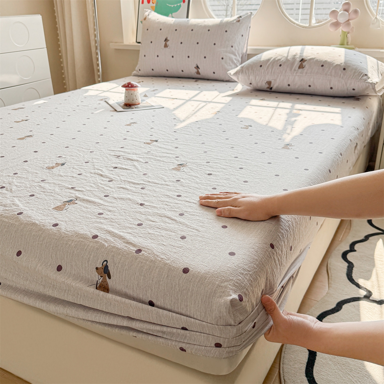 91家纺网 家纺一手货源 找家纺 （总）雯豆家纺 2026春夏新款色织提花单层床笠三件套印花小清新卡通床罩