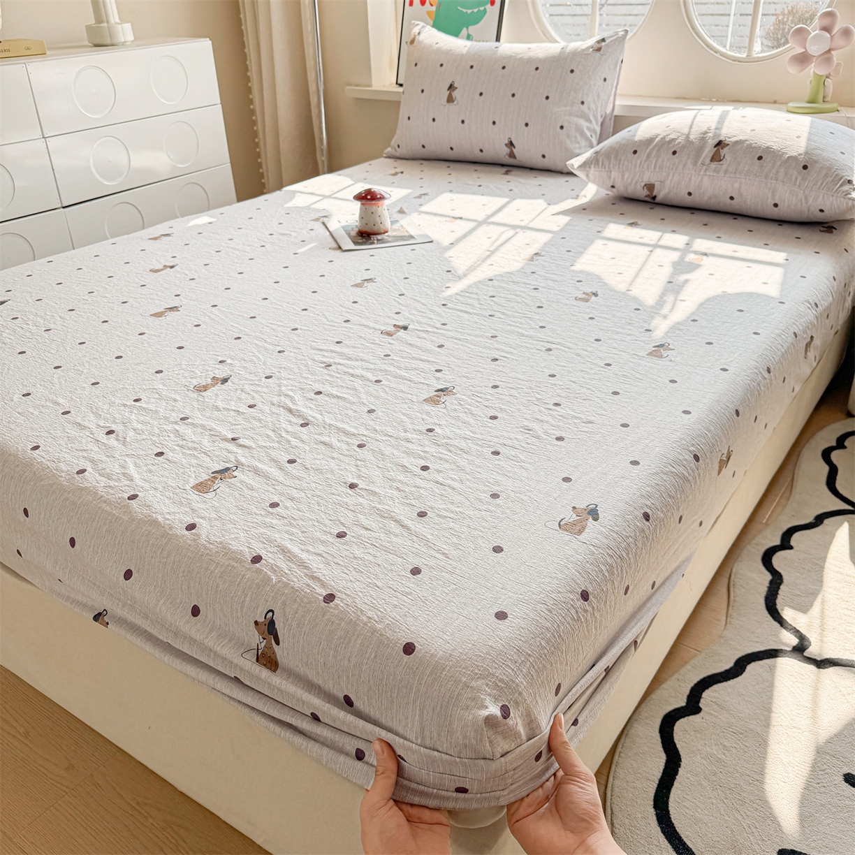 91家纺网 家纺一手货源 找家纺 （总）雯豆家纺 2026春夏新款色织提花单层床笠三件套印花小清新卡通床罩