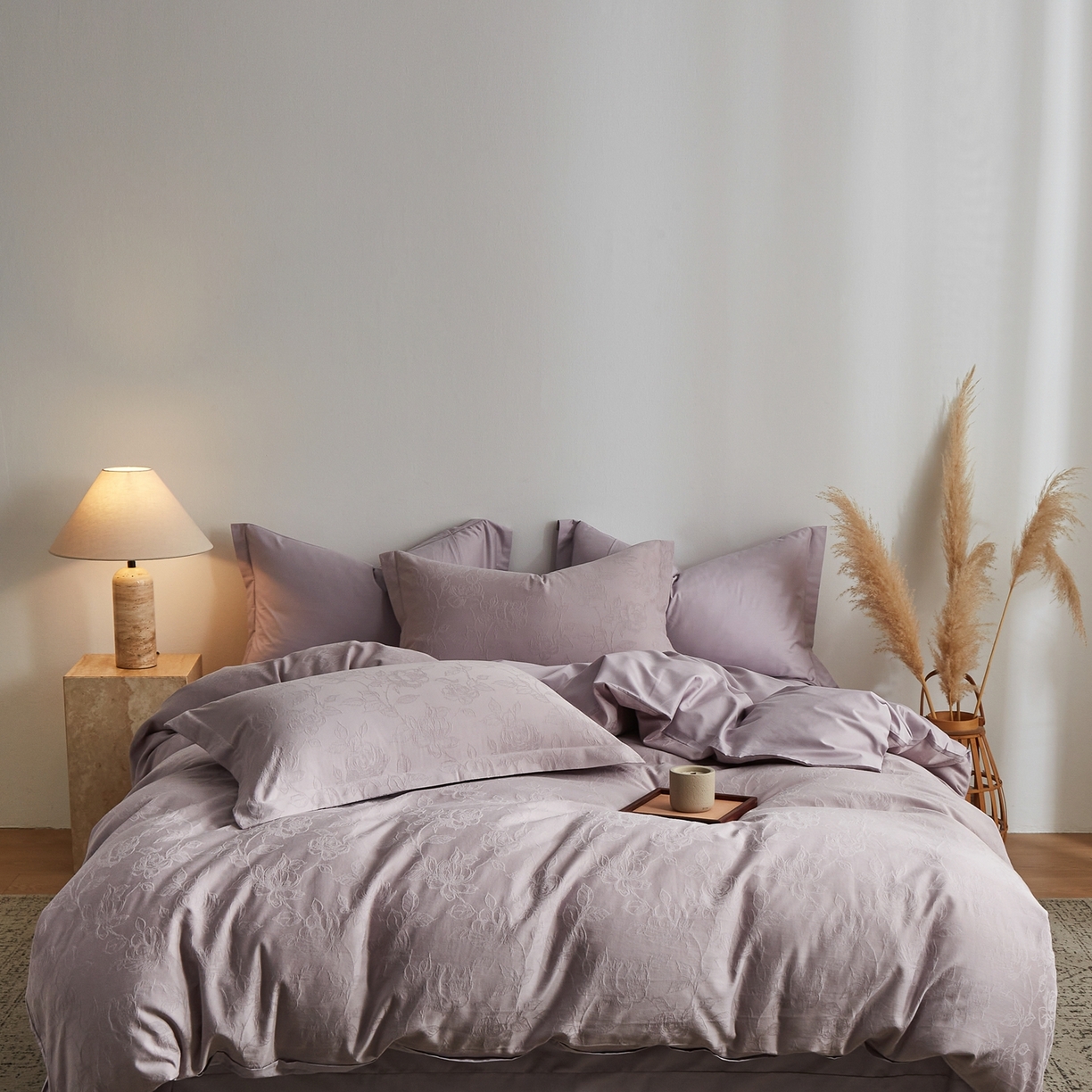 91家纺网 家纺一手货源 找家纺 顾家家居 2026新款AB面全棉厚织提花四件套 芍药-雾紫