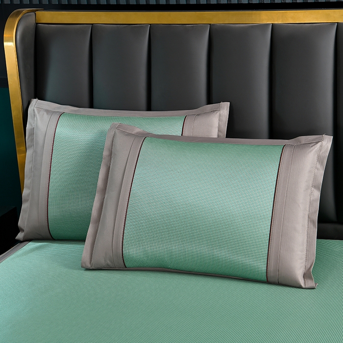 91家纺网 家纺一手货源 找家纺 小牛席业 2026新款小千鸟格-甜蜜夏日冰丝席系列（床笠款）凉席藤席冰藤席竹席空调席草席冰丝席豆豆席乳胶席三件 甜蜜夏日冰丝席-（床笠款)绿色