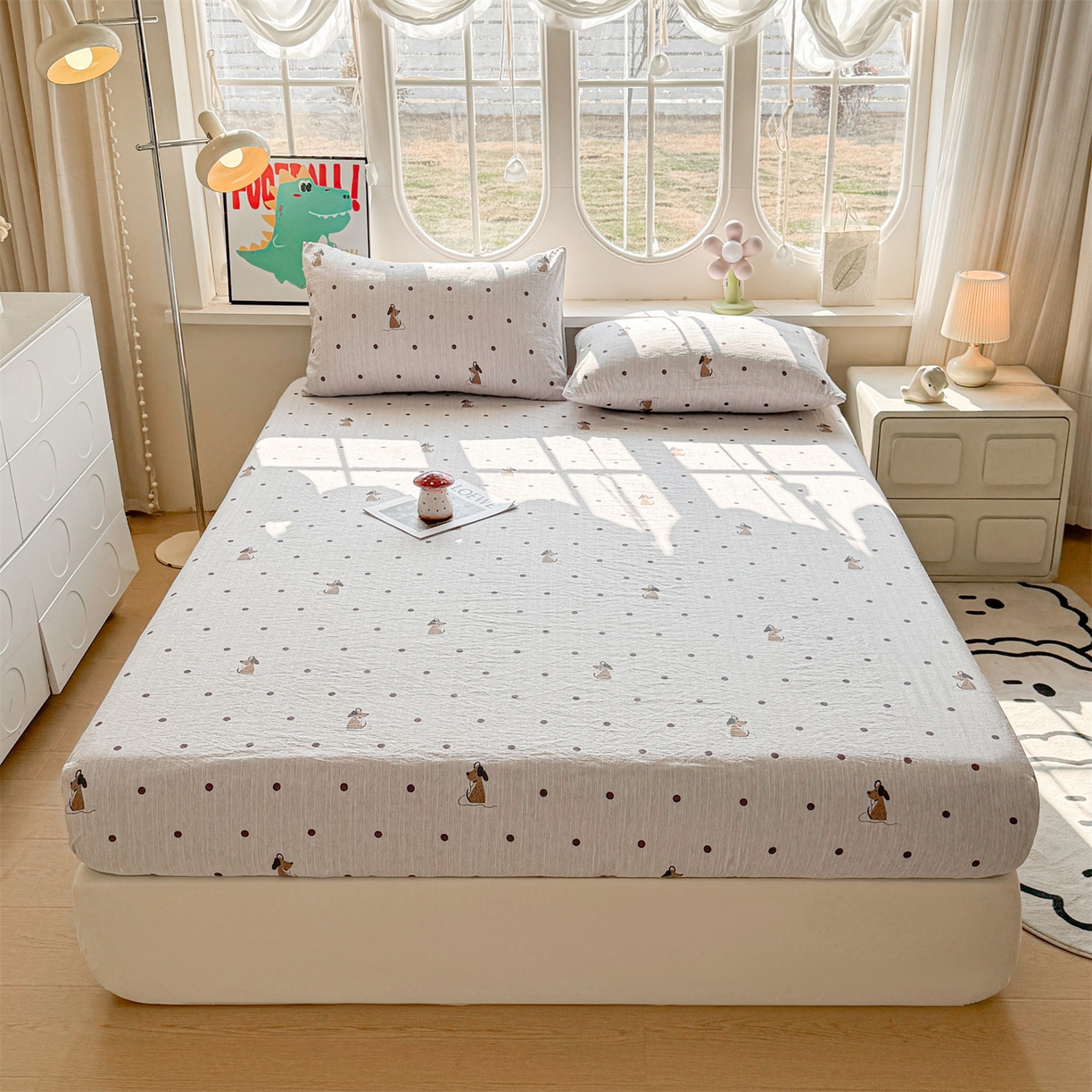 91家纺网 家纺一手货源 找家纺 雯豆家纺 2026春夏新款色织提花单层床笠三件套印花小清新卡通床罩 色织提花-点点狗（灰）