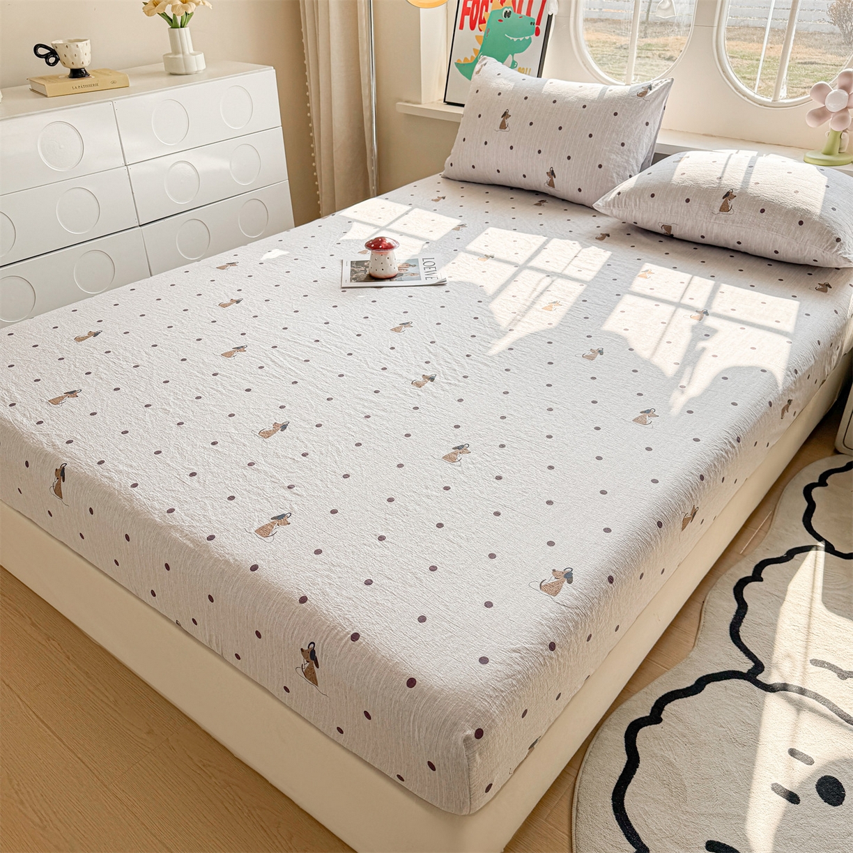 91家纺网 家纺一手货源 找家纺 雯豆家纺 2026春夏新款色织提花单层床笠三件套印花小清新卡通床罩 色织提花-点点狗（灰）
