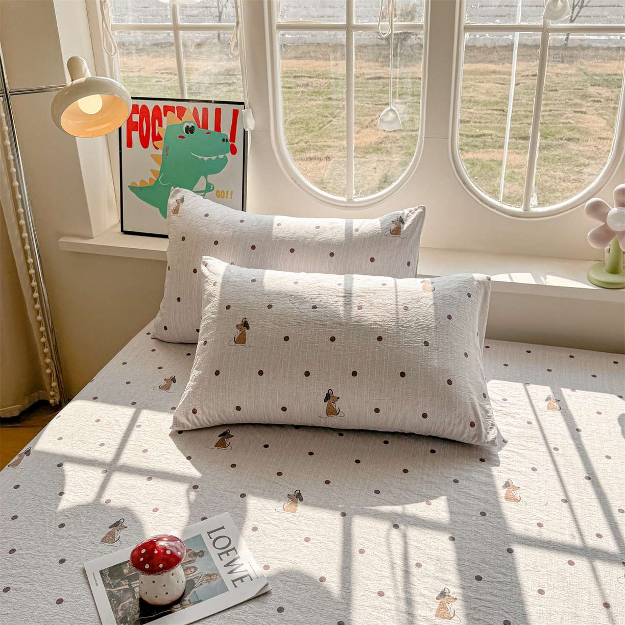 91家纺网 家纺一手货源 找家纺 雯豆家纺 2026春夏新款色织提花单层床笠三件套印花小清新卡通床罩 色织提花-点点狗（灰）