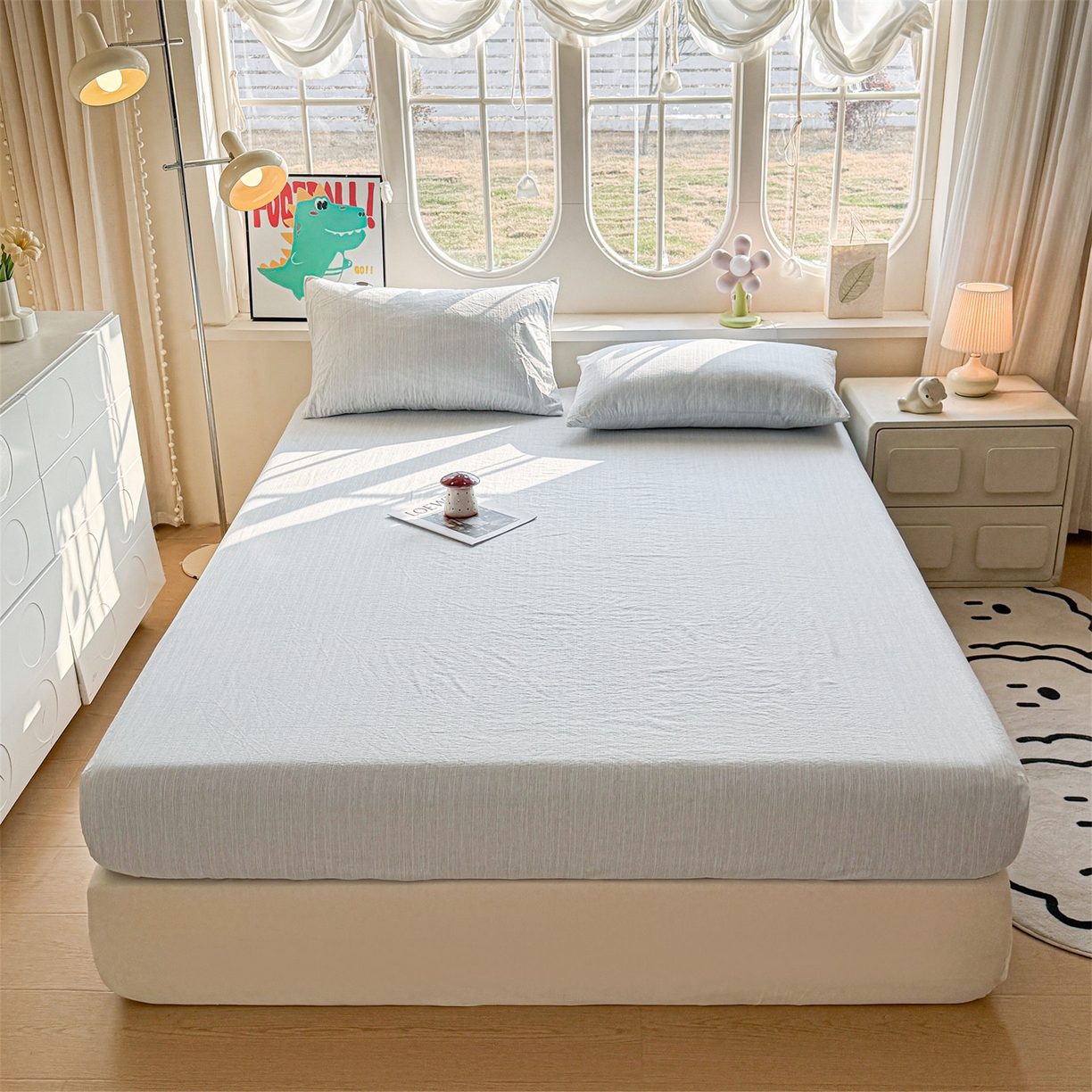 91家纺网 家纺一手货源 找家纺 雯豆家纺 2026春夏新款色织提花单层床笠三件套印花小清新卡通床罩 色织-湖水蓝