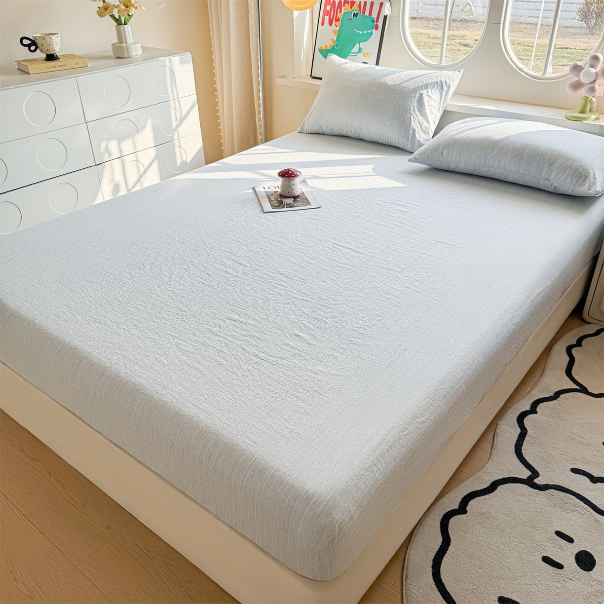 91家纺网 家纺一手货源 找家纺 雯豆家纺 2026春夏新款色织提花单层床笠三件套印花小清新卡通床罩 色织-湖水蓝