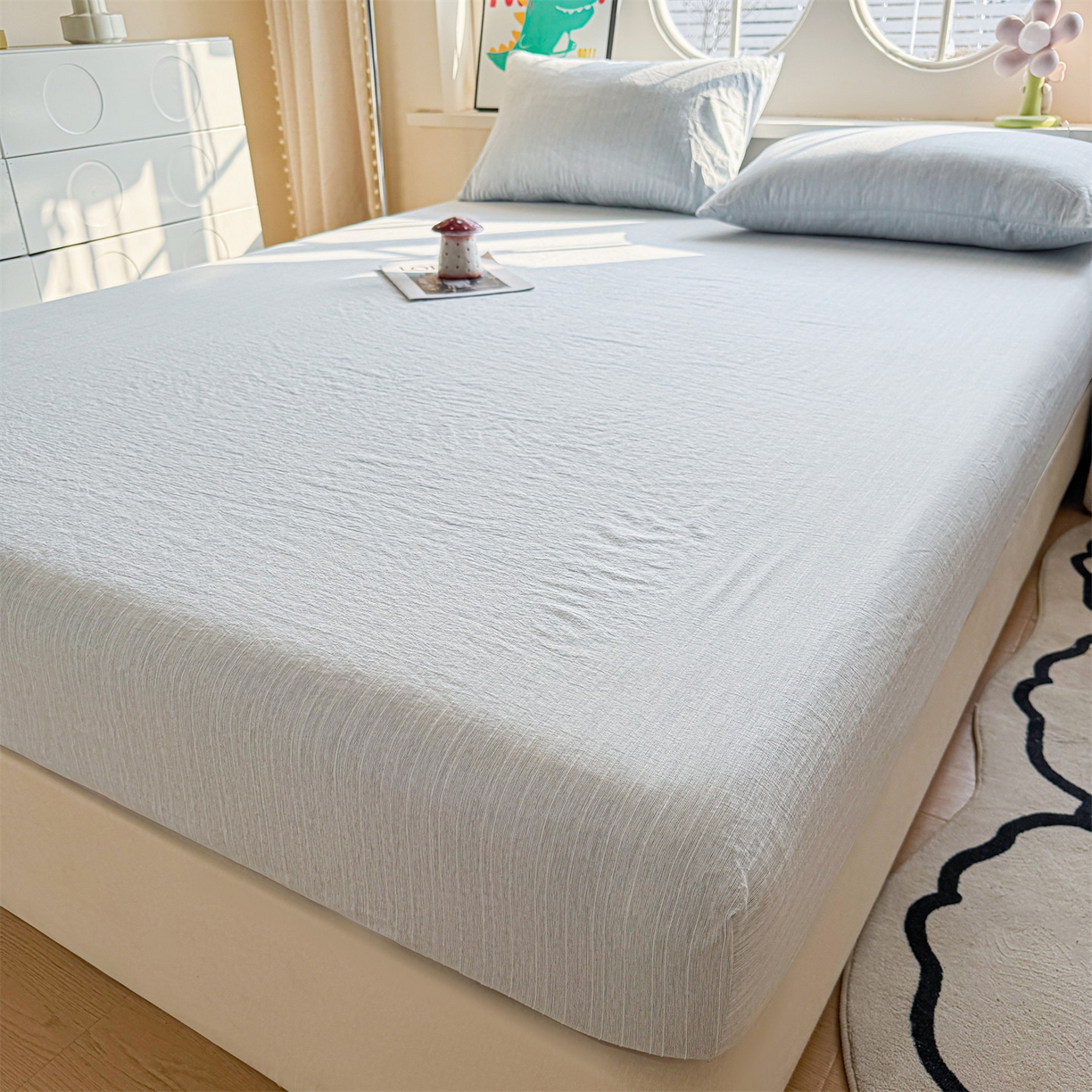 91家纺网 家纺一手货源 找家纺 雯豆家纺 2026春夏新款色织提花单层床笠三件套印花小清新卡通床罩 色织-湖水蓝