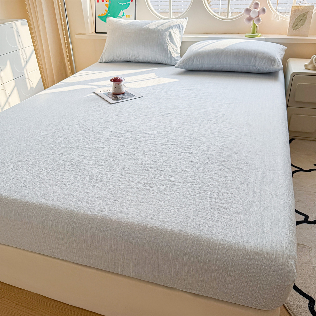 91家纺网 家纺一手货源 找家纺 雯豆家纺 2026春夏新款色织提花单层床笠三件套印花小清新卡通床罩 色织-湖水蓝