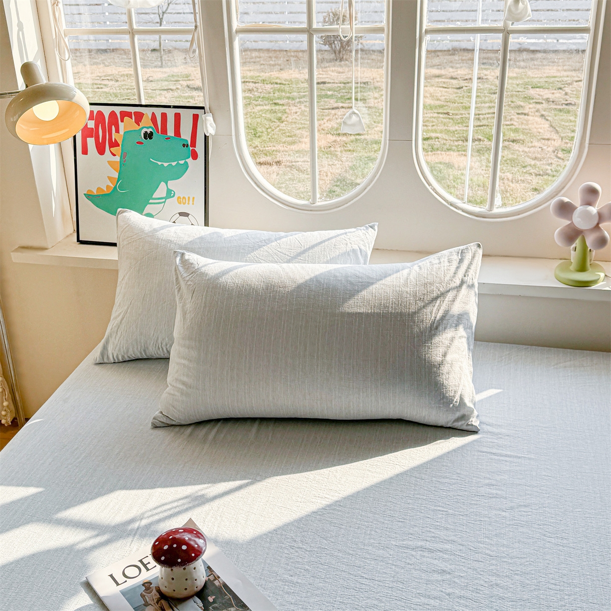 91家纺网 家纺一手货源 找家纺 雯豆家纺 2026春夏新款色织提花单层床笠三件套印花小清新卡通床罩 色织-湖水蓝