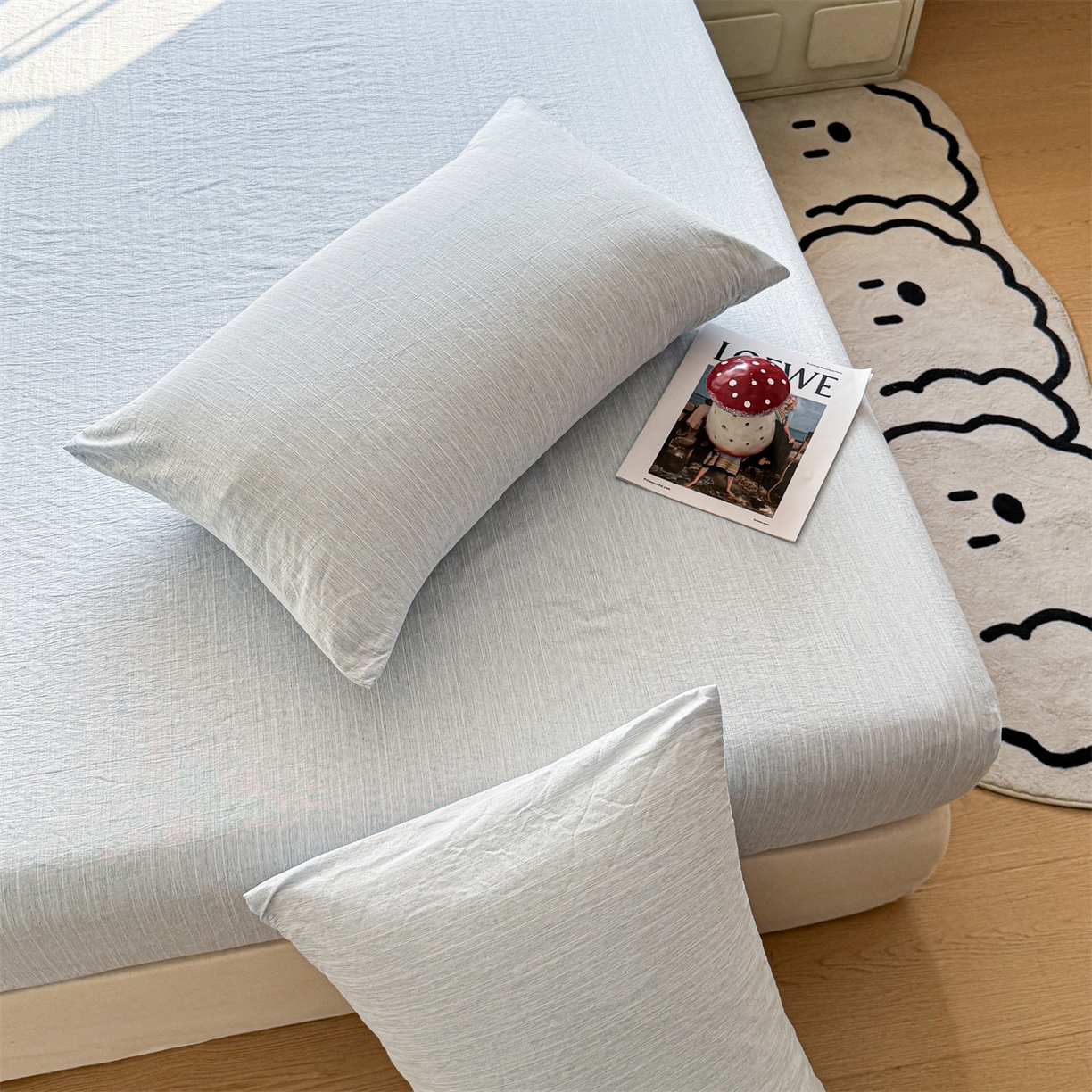 91家纺网 家纺一手货源 找家纺 雯豆家纺 2026春夏新款色织提花单层床笠三件套印花小清新卡通床罩 色织-湖水蓝