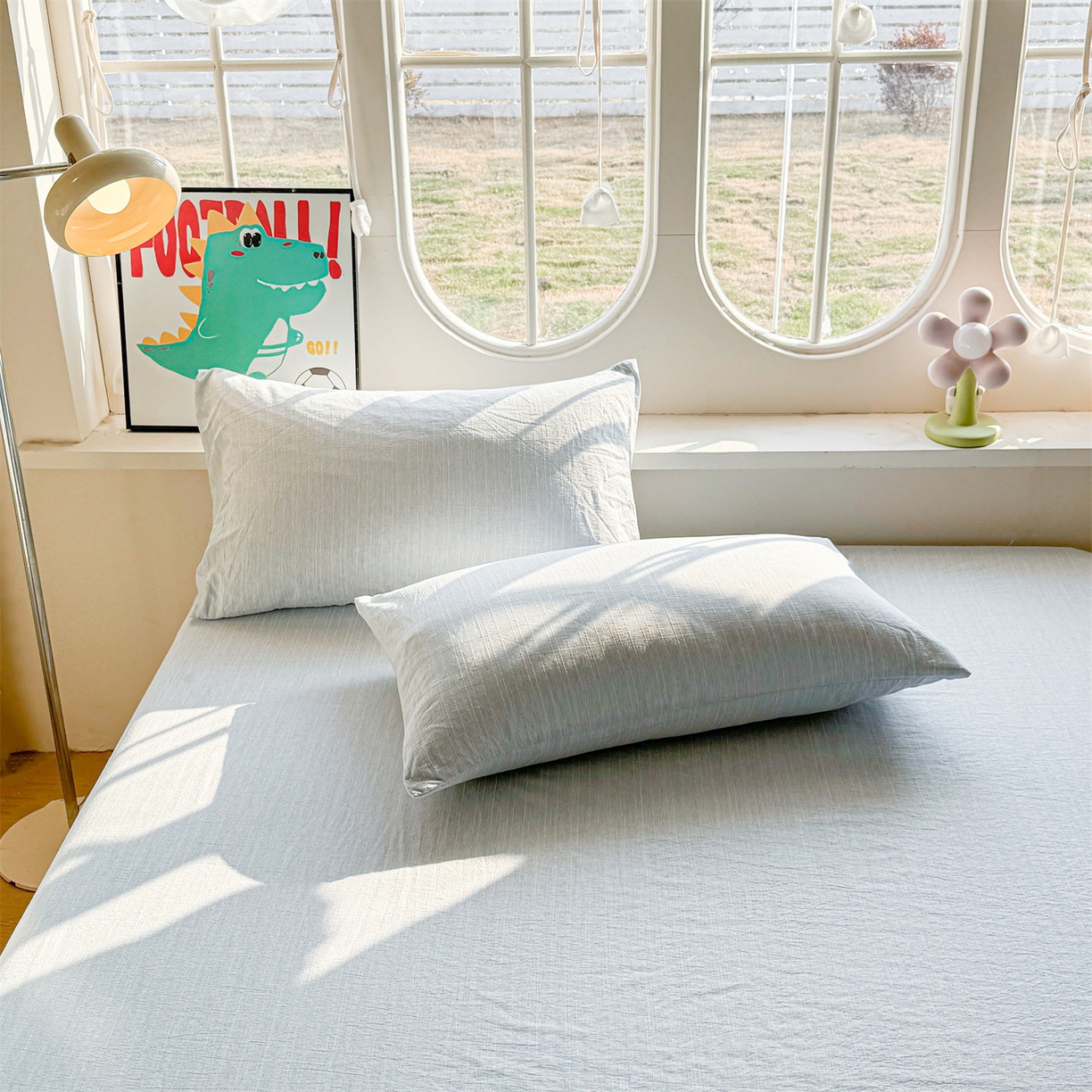 91家纺网 家纺一手货源 找家纺 雯豆家纺 2026春夏新款色织提花单层床笠三件套印花小清新卡通床罩 色织-湖水蓝