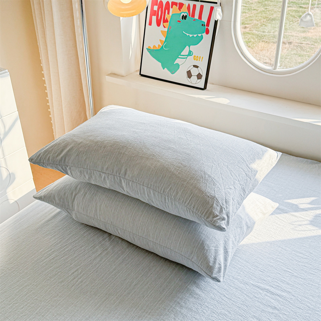 91家纺网 家纺一手货源 找家纺 雯豆家纺 2026春夏新款色织提花单层床笠三件套印花小清新卡通床罩 色织-湖水蓝