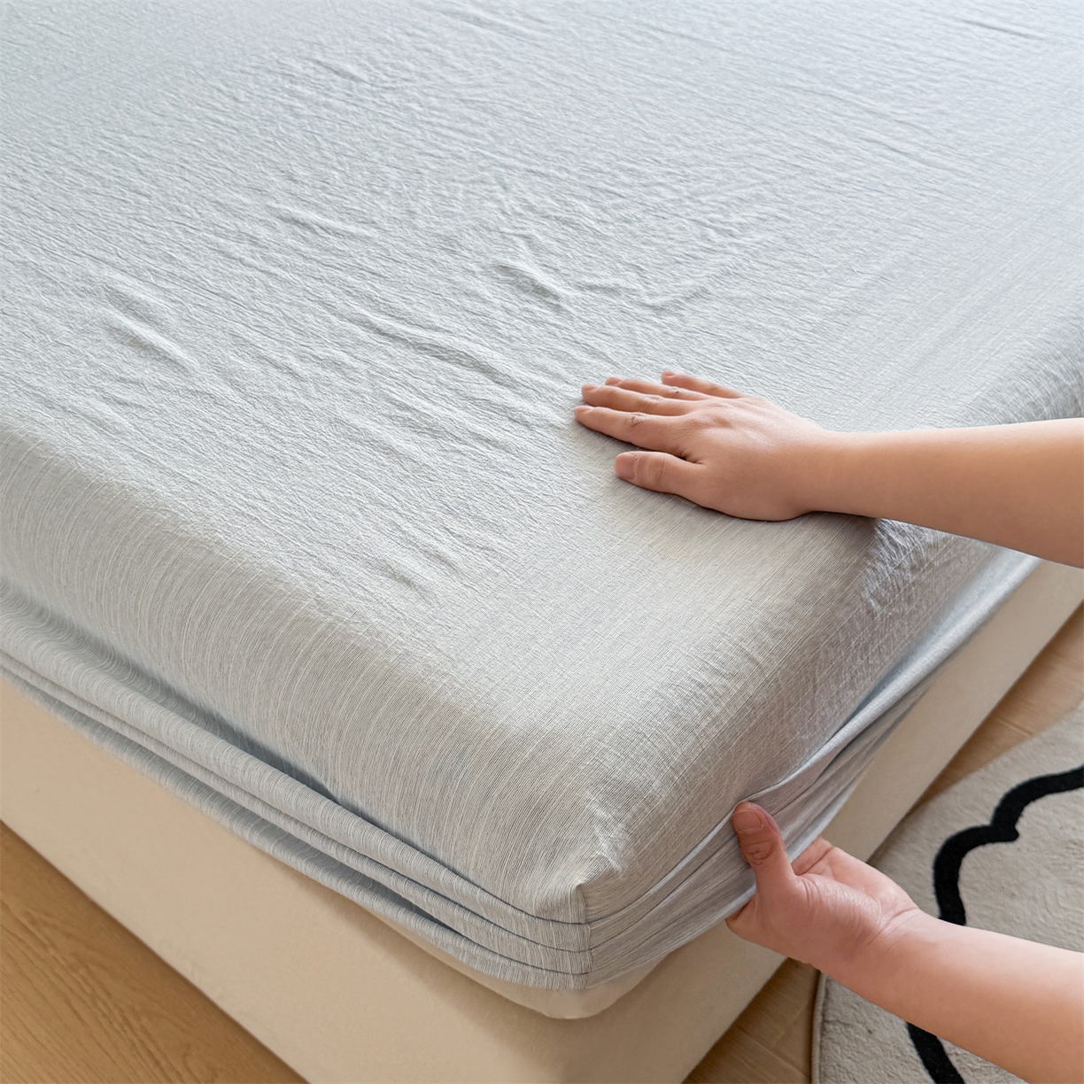 91家纺网 家纺一手货源 找家纺 雯豆家纺 2026春夏新款色织提花单层床笠三件套印花小清新卡通床罩 色织-湖水蓝