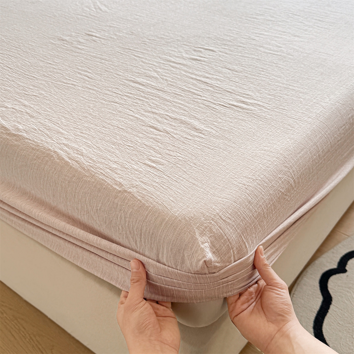 雯豆家纺 2026春夏新款色织提花单层床笠三件套印花小清新卡通床罩 色织-玫瑰粉