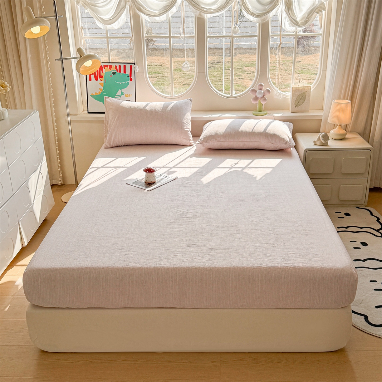 91家纺网 家纺一手货源 找家纺 雯豆家纺 2026春夏新款色织提花单层床笠三件套印花小清新卡通床罩 色织-玫瑰粉