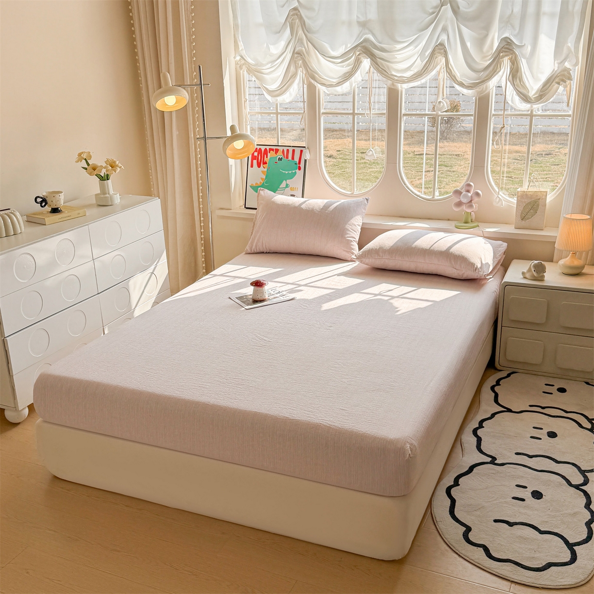 91家纺网 家纺一手货源 找家纺 雯豆家纺 2026春夏新款色织提花单层床笠三件套印花小清新卡通床罩 色织-玫瑰粉