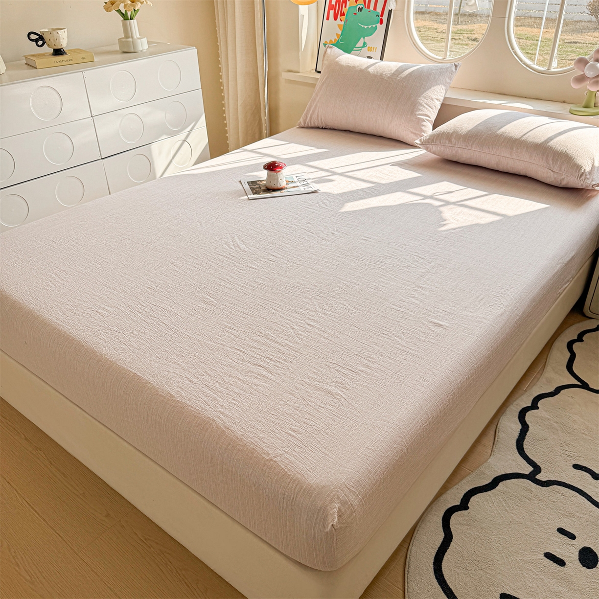 91家纺网 家纺一手货源 找家纺 雯豆家纺 2026春夏新款色织提花单层床笠三件套印花小清新卡通床罩 色织-玫瑰粉