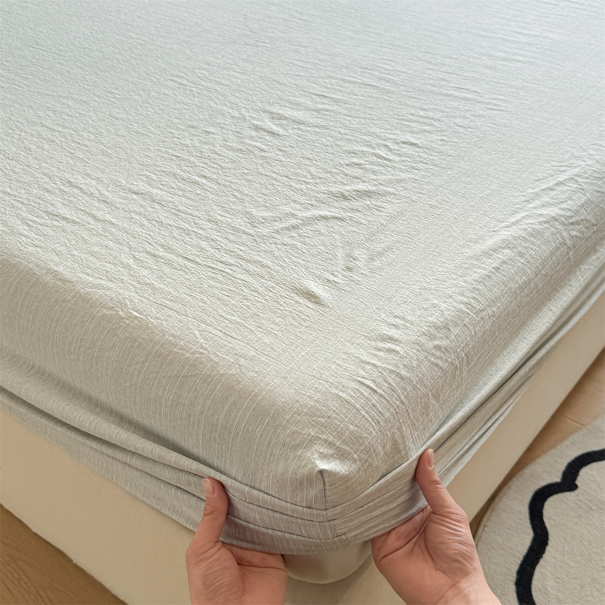 雯豆家纺 2026春夏新款色织提花单层床笠三件套印花小清新卡通床罩 色织-抹茶绿