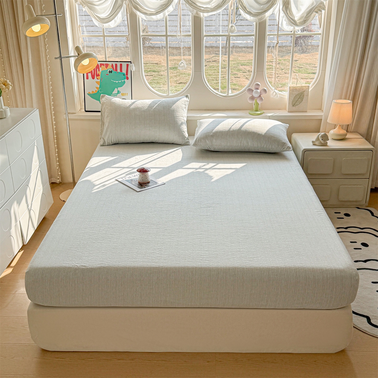 91家纺网 家纺一手货源 找家纺 雯豆家纺 2026春夏新款色织提花单层床笠三件套印花小清新卡通床罩 色织-抹茶绿