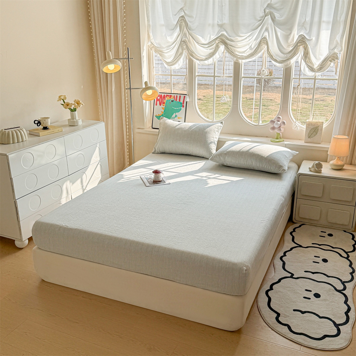 91家纺网 家纺一手货源 找家纺 雯豆家纺 2026春夏新款色织提花单层床笠三件套印花小清新卡通床罩 色织-抹茶绿