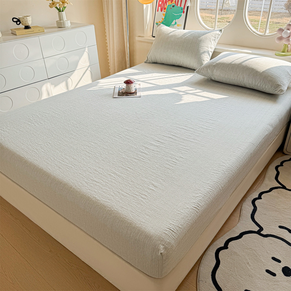 91家纺网 家纺一手货源 找家纺 雯豆家纺 2026春夏新款色织提花单层床笠三件套印花小清新卡通床罩 色织-抹茶绿