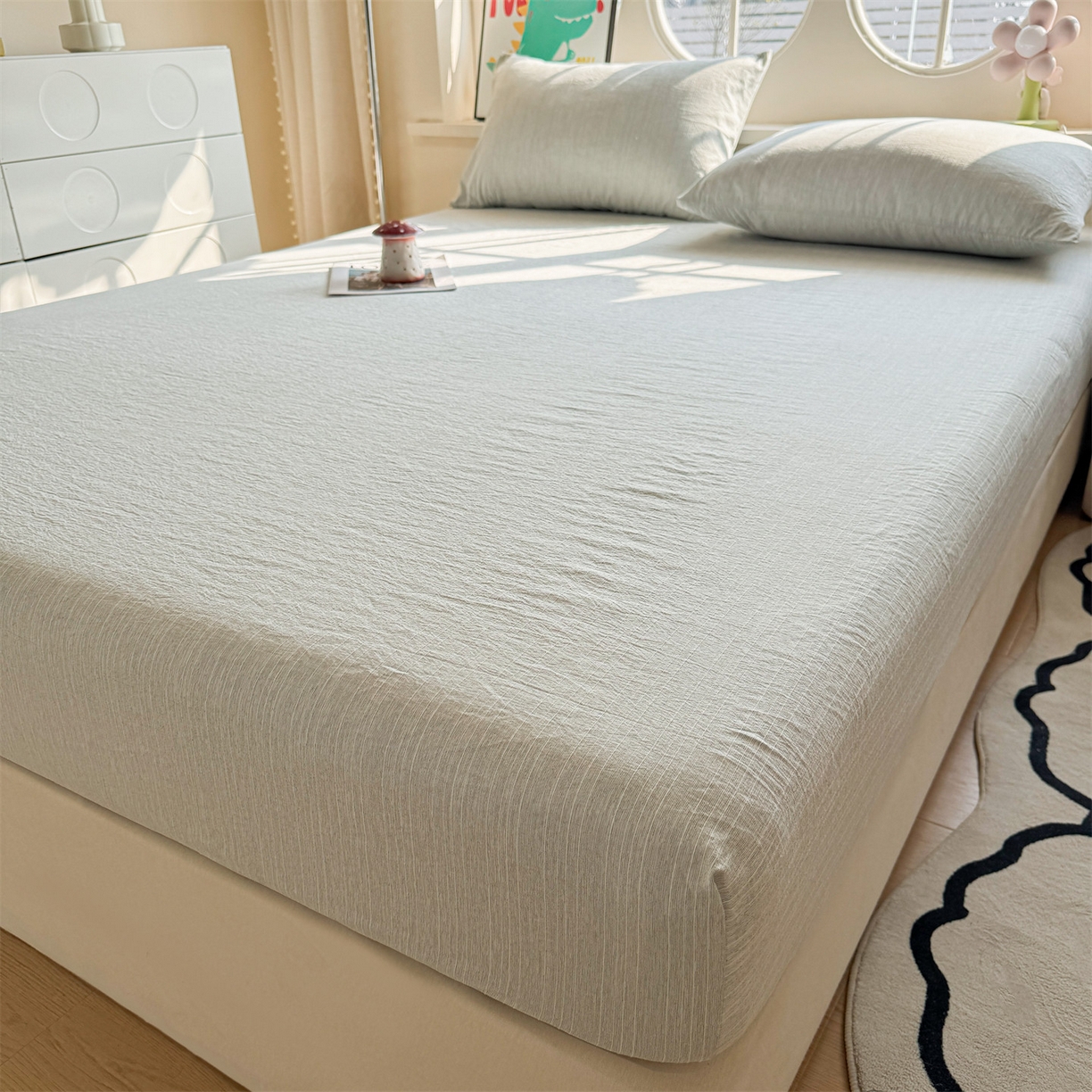 91家纺网 家纺一手货源 找家纺 雯豆家纺 2026春夏新款色织提花单层床笠三件套印花小清新卡通床罩 色织-抹茶绿