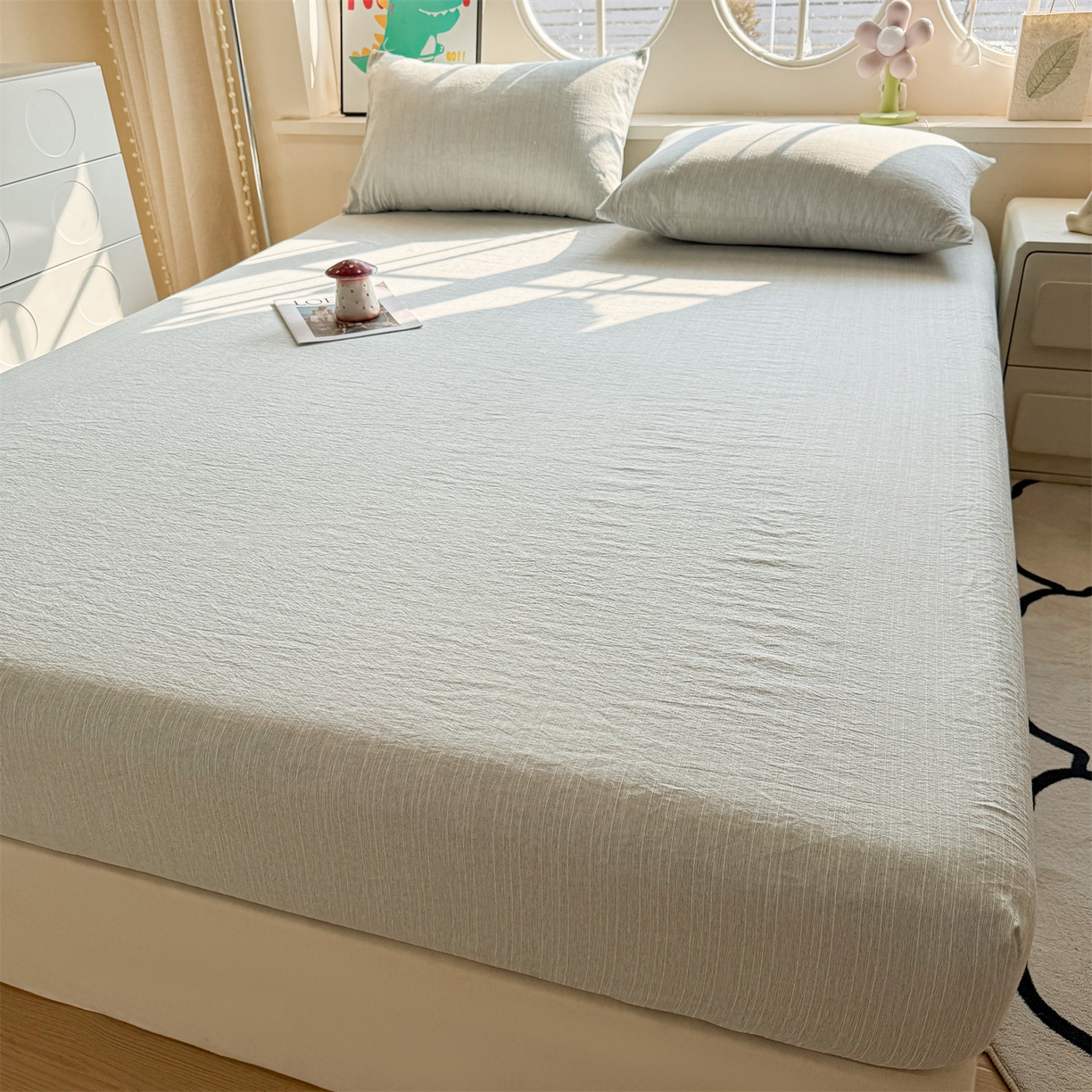 91家纺网 家纺一手货源 找家纺 雯豆家纺 2026春夏新款色织提花单层床笠三件套印花小清新卡通床罩 色织-抹茶绿