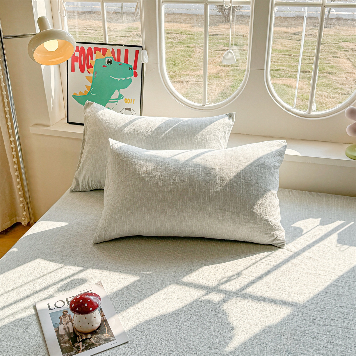 91家纺网 家纺一手货源 找家纺 雯豆家纺 2026春夏新款色织提花单层床笠三件套印花小清新卡通床罩 色织-抹茶绿