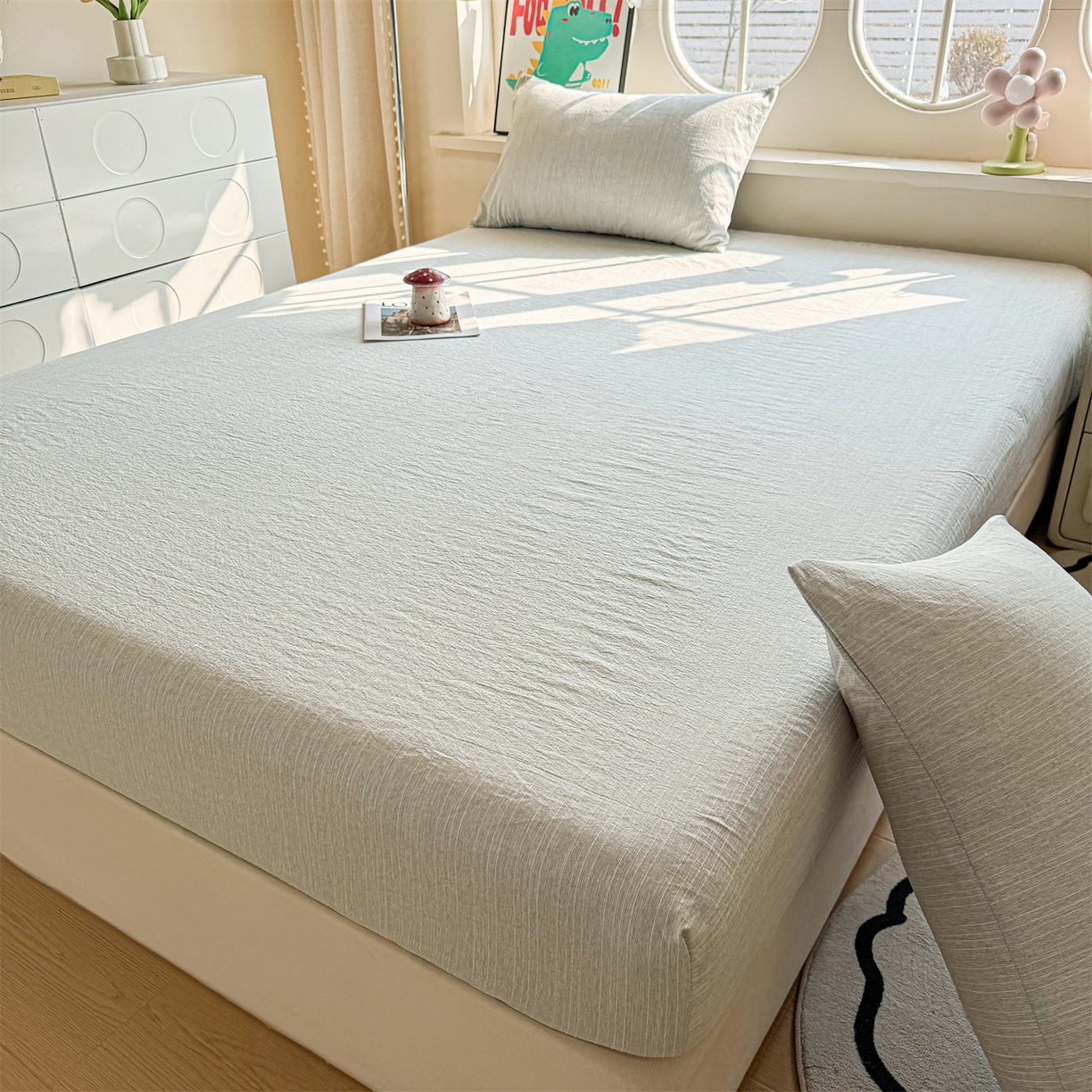 91家纺网 家纺一手货源 找家纺 雯豆家纺 2026春夏新款色织提花单层床笠三件套印花小清新卡通床罩 色织-抹茶绿