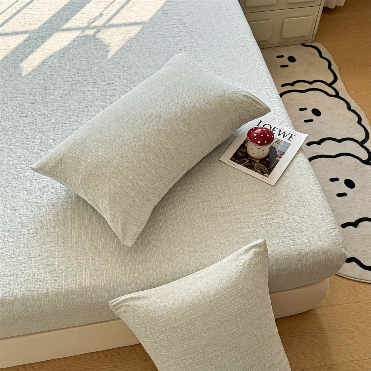 91家纺网 家纺一手货源 找家纺 雯豆家纺 2026春夏新款色织提花单层床笠三件套印花小清新卡通床罩 色织-抹茶绿