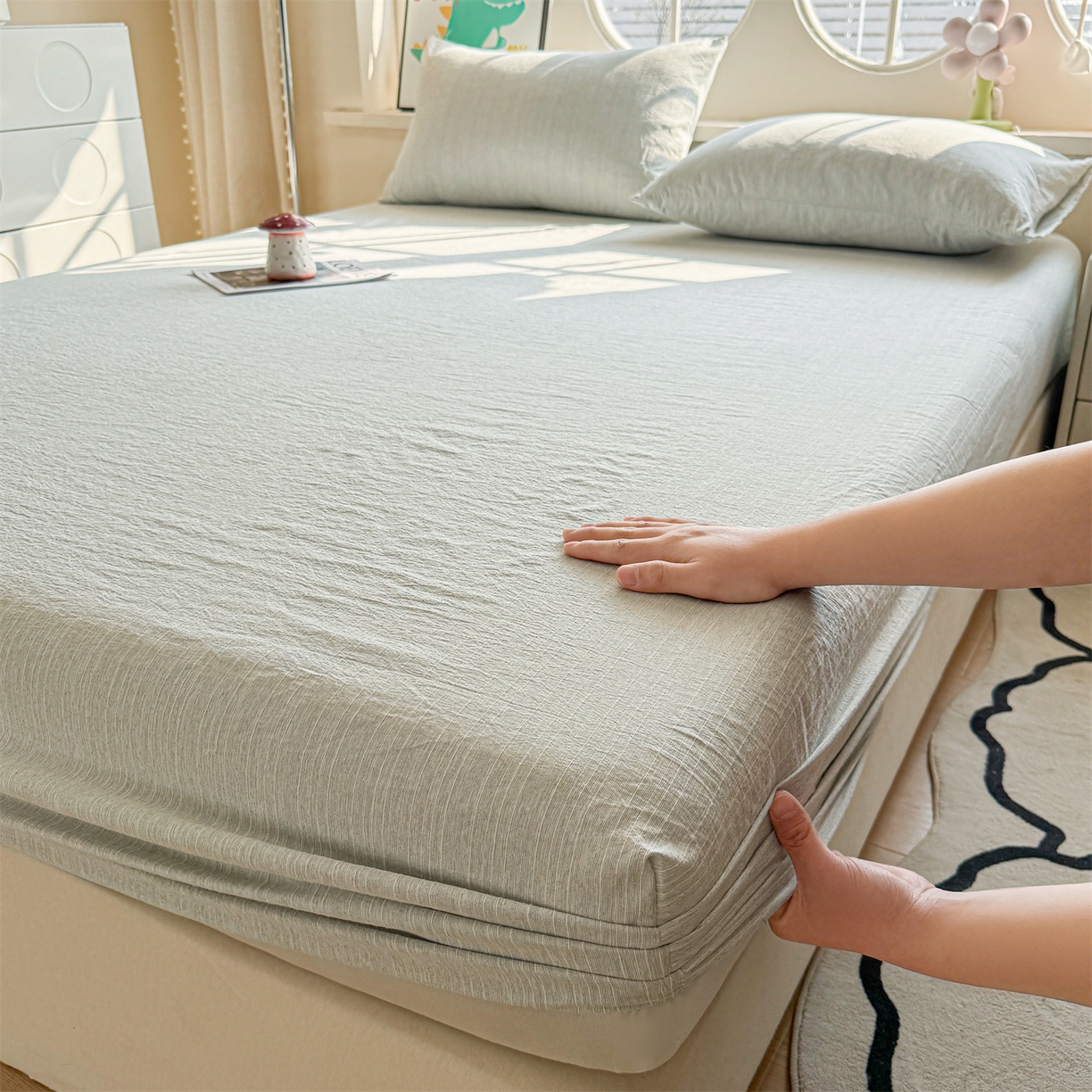 91家纺网 家纺一手货源 找家纺 雯豆家纺 2026春夏新款色织提花单层床笠三件套印花小清新卡通床罩 色织-抹茶绿