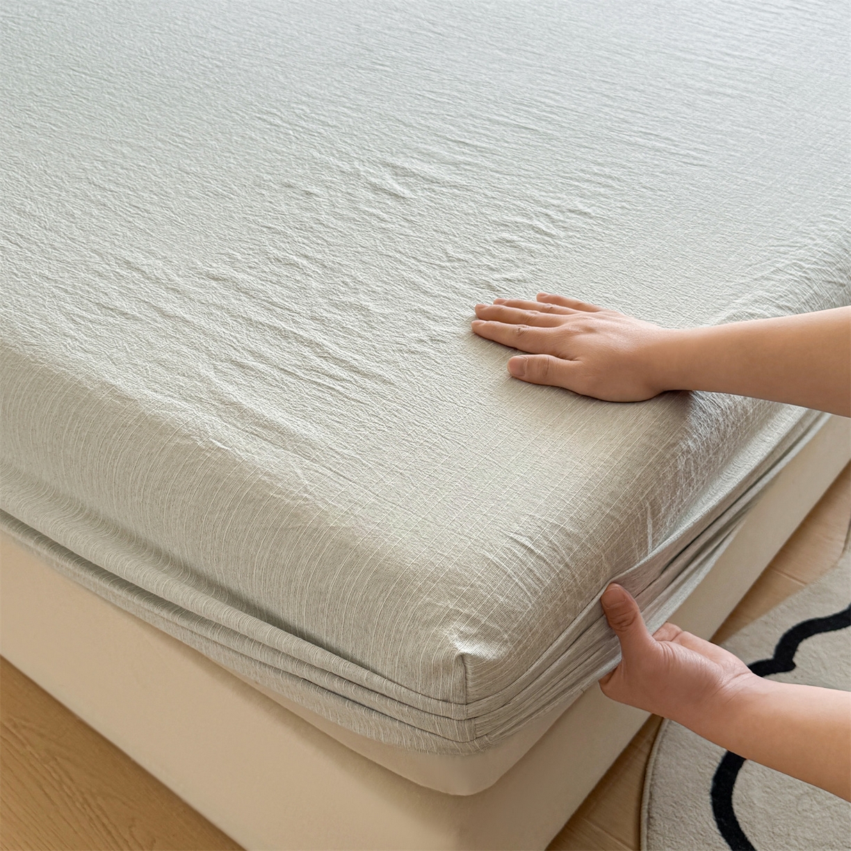 91家纺网 家纺一手货源 找家纺 雯豆家纺 2026春夏新款色织提花单层床笠三件套印花小清新卡通床罩 色织-抹茶绿