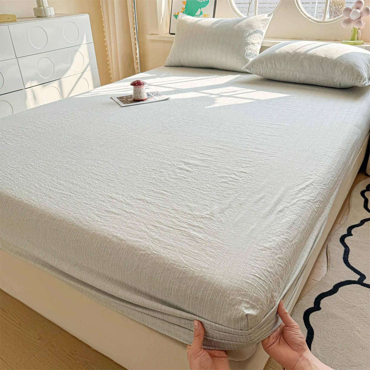 91家纺网 家纺一手货源 找家纺 雯豆家纺 2026春夏新款色织提花单层床笠三件套印花小清新卡通床罩 色织-抹茶绿