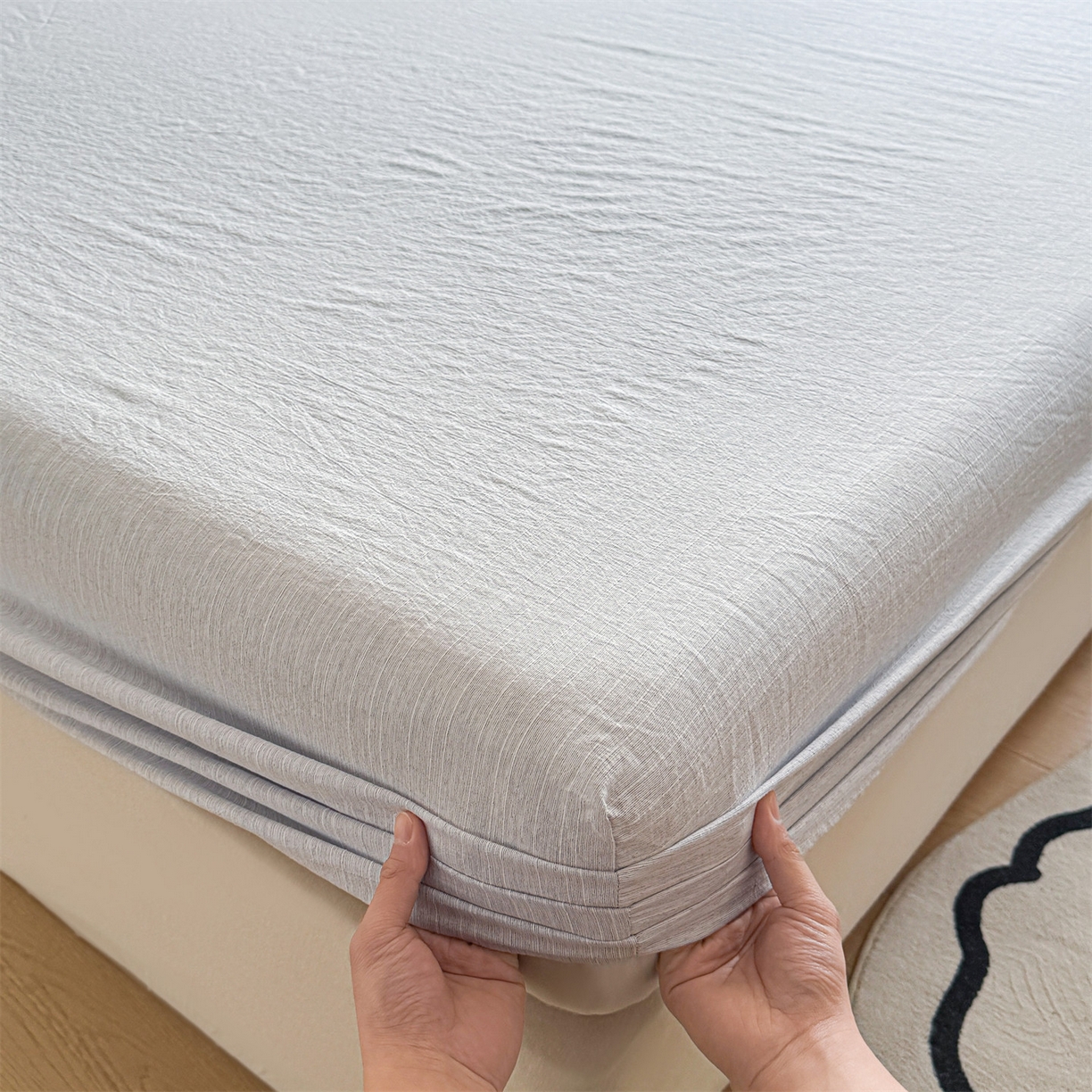 雯豆家纺 2026春夏新款色织提花单层床笠三件套印花小清新卡通床罩 色织-牛仔蓝