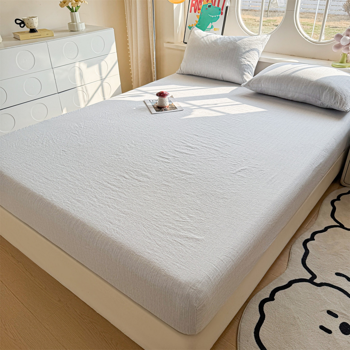 91家纺网 家纺一手货源 找家纺 雯豆家纺 2026春夏新款色织提花单层床笠三件套印花小清新卡通床罩 色织-牛仔蓝