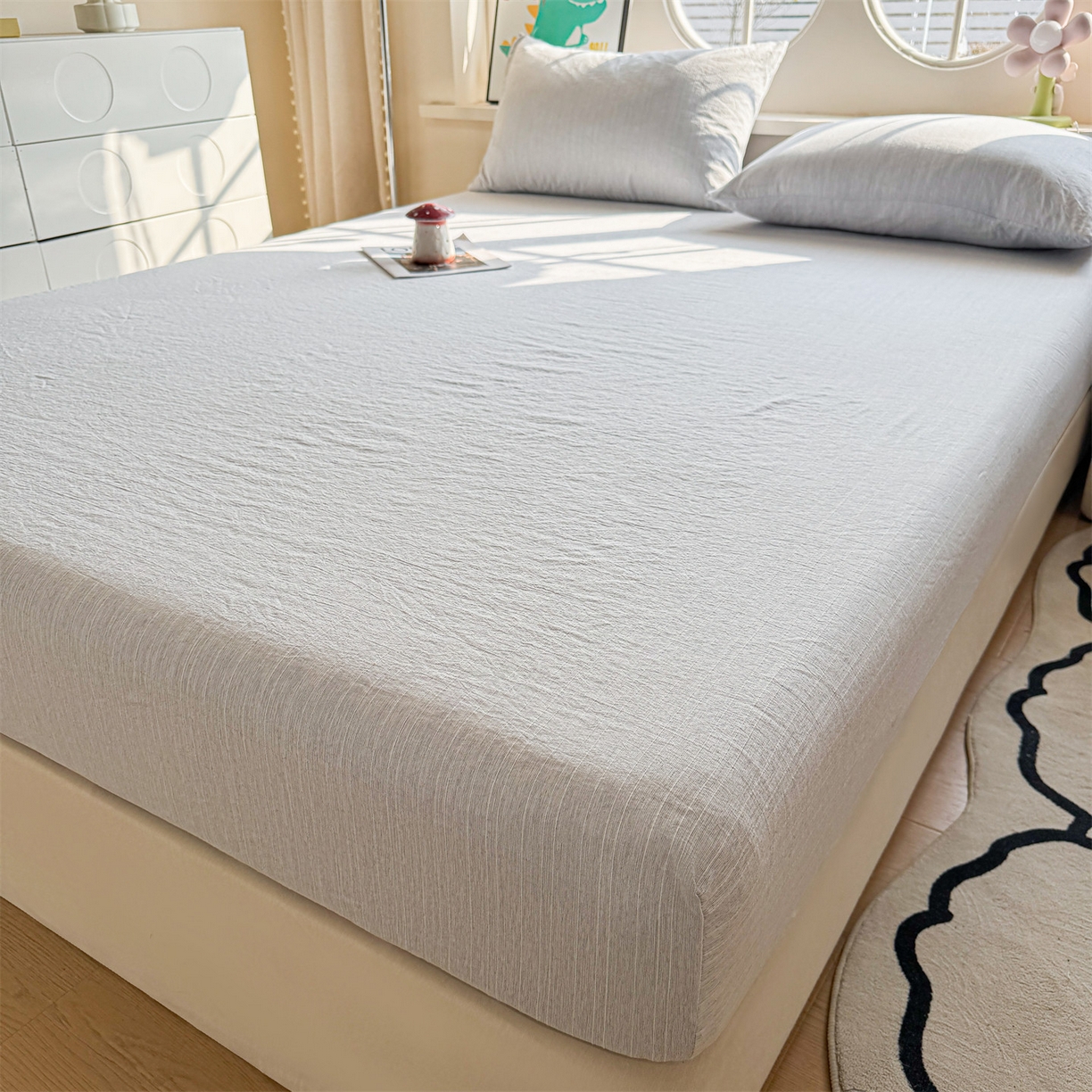 91家纺网 家纺一手货源 找家纺 雯豆家纺 2026春夏新款色织提花单层床笠三件套印花小清新卡通床罩 色织-牛仔蓝