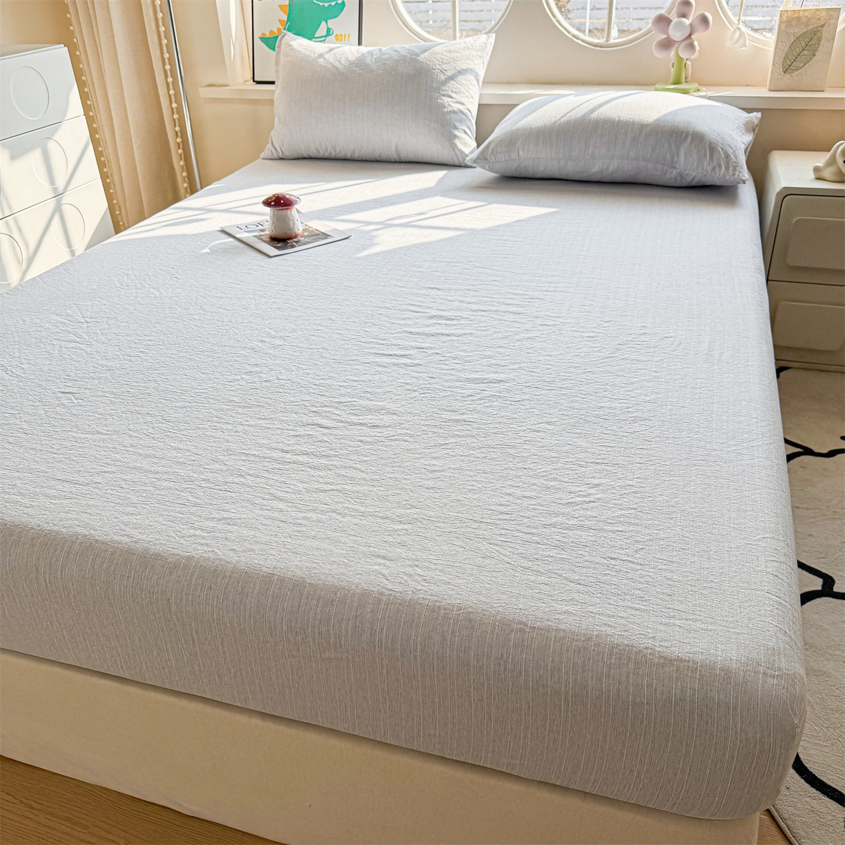 91家纺网 家纺一手货源 找家纺 雯豆家纺 2026春夏新款色织提花单层床笠三件套印花小清新卡通床罩 色织-牛仔蓝