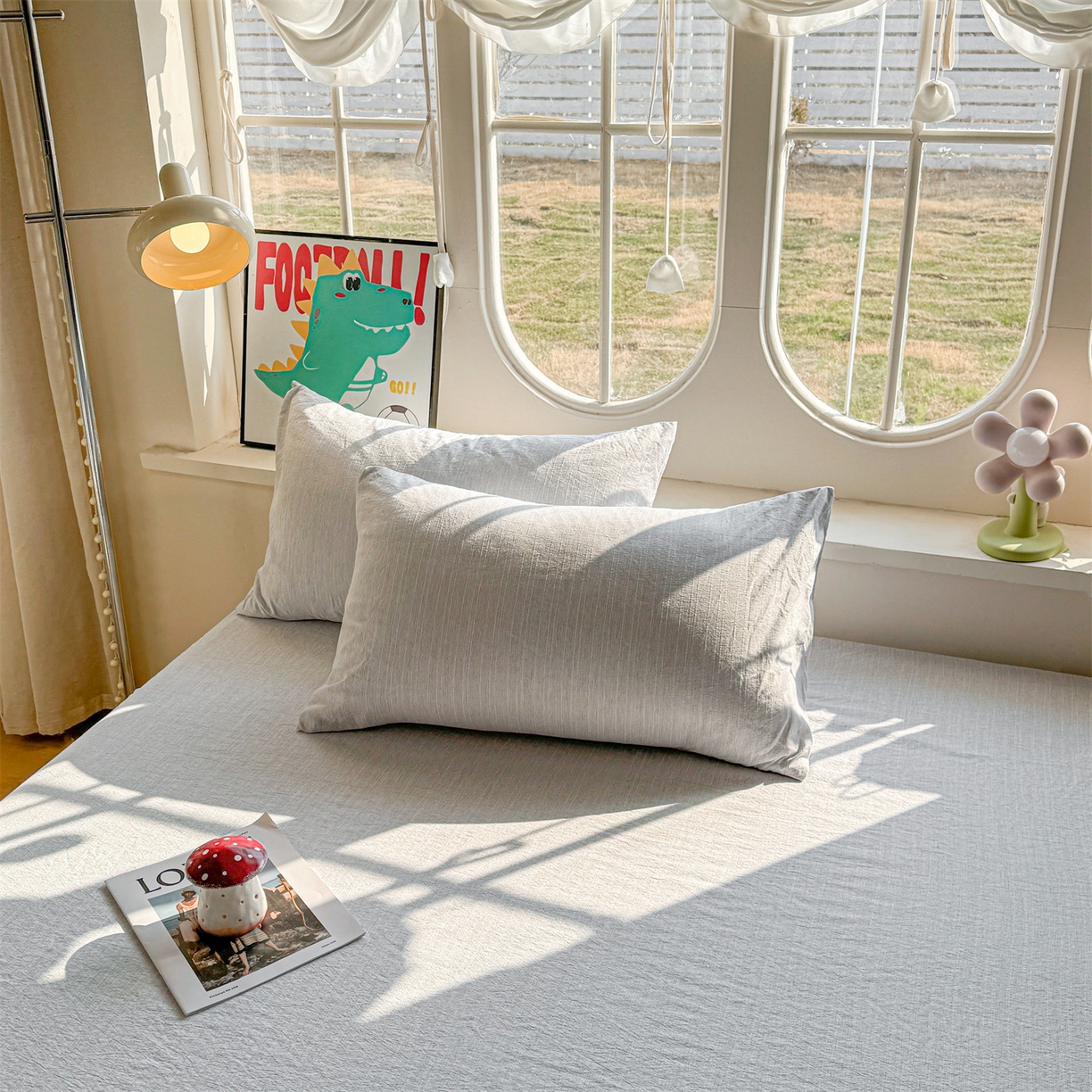 91家纺网 家纺一手货源 找家纺 雯豆家纺 2026春夏新款色织提花单层床笠三件套印花小清新卡通床罩 色织-牛仔蓝