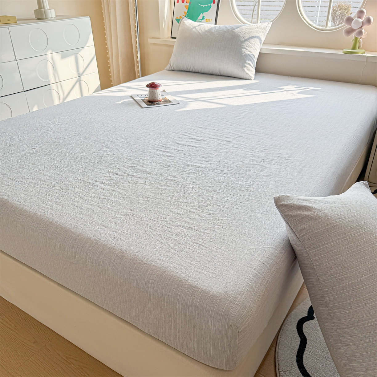 91家纺网 家纺一手货源 找家纺 雯豆家纺 2026春夏新款色织提花单层床笠三件套印花小清新卡通床罩 色织-牛仔蓝