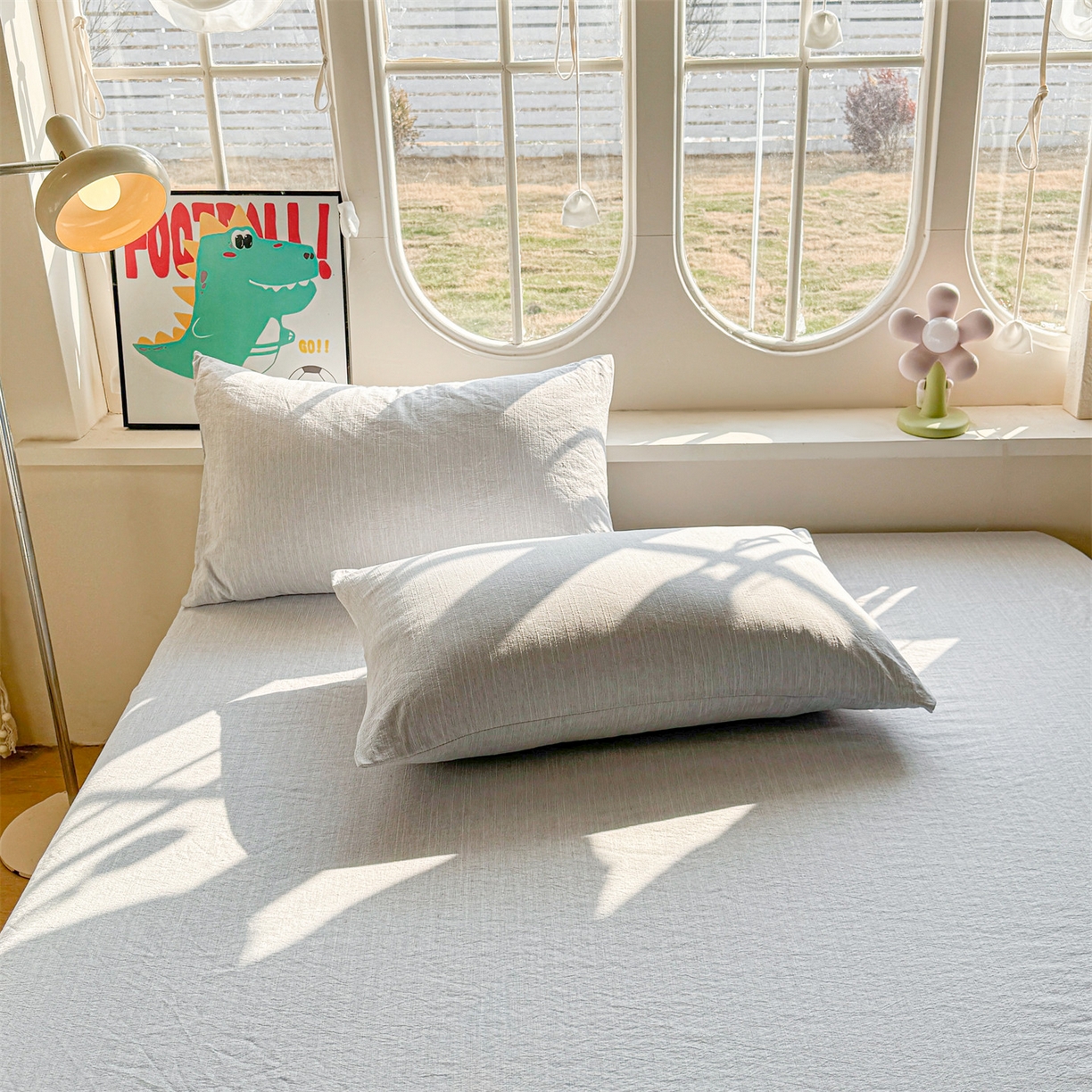 91家纺网 家纺一手货源 找家纺 雯豆家纺 2026春夏新款色织提花单层床笠三件套印花小清新卡通床罩 色织-牛仔蓝