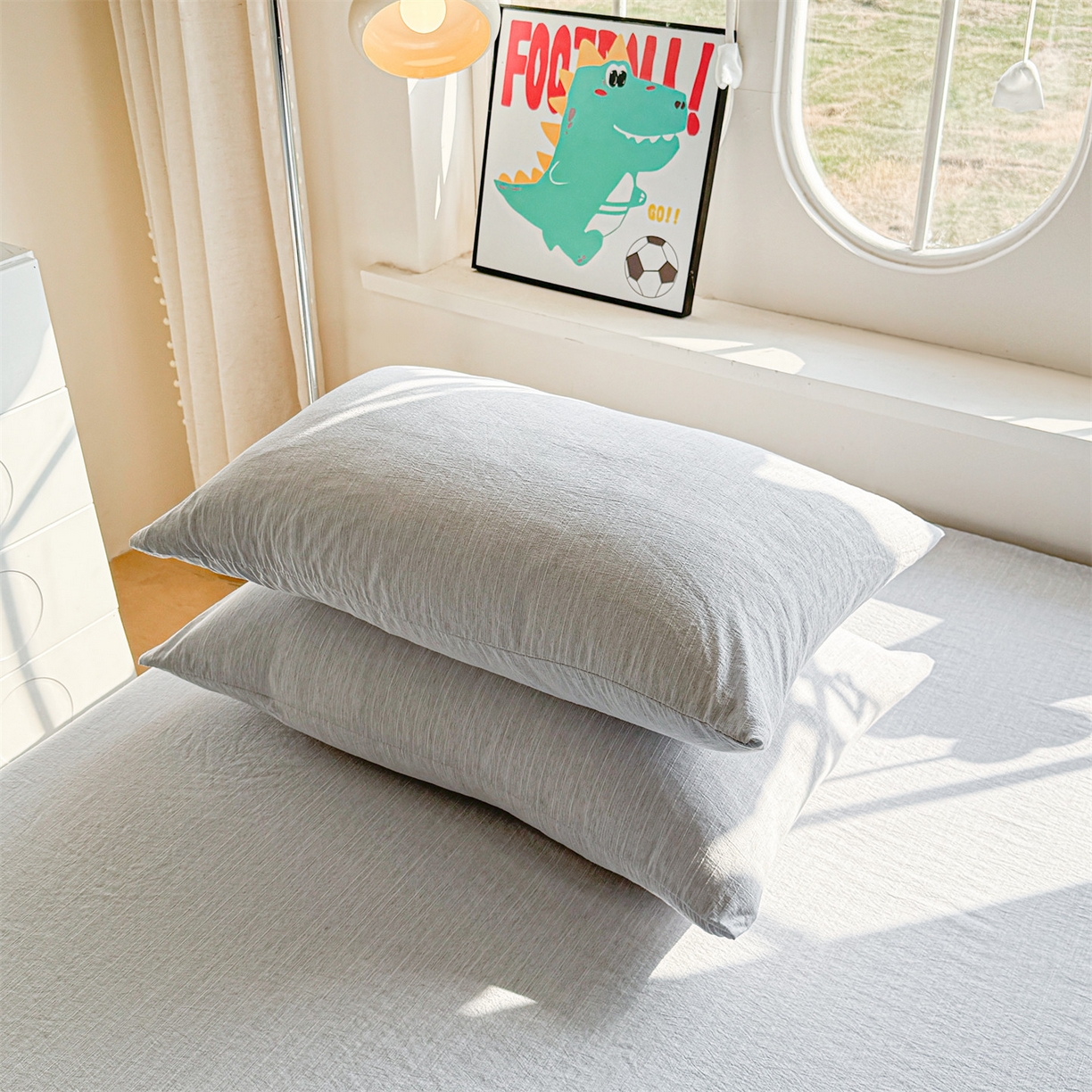 91家纺网 家纺一手货源 找家纺 雯豆家纺 2026春夏新款色织提花单层床笠三件套印花小清新卡通床罩 色织-牛仔蓝