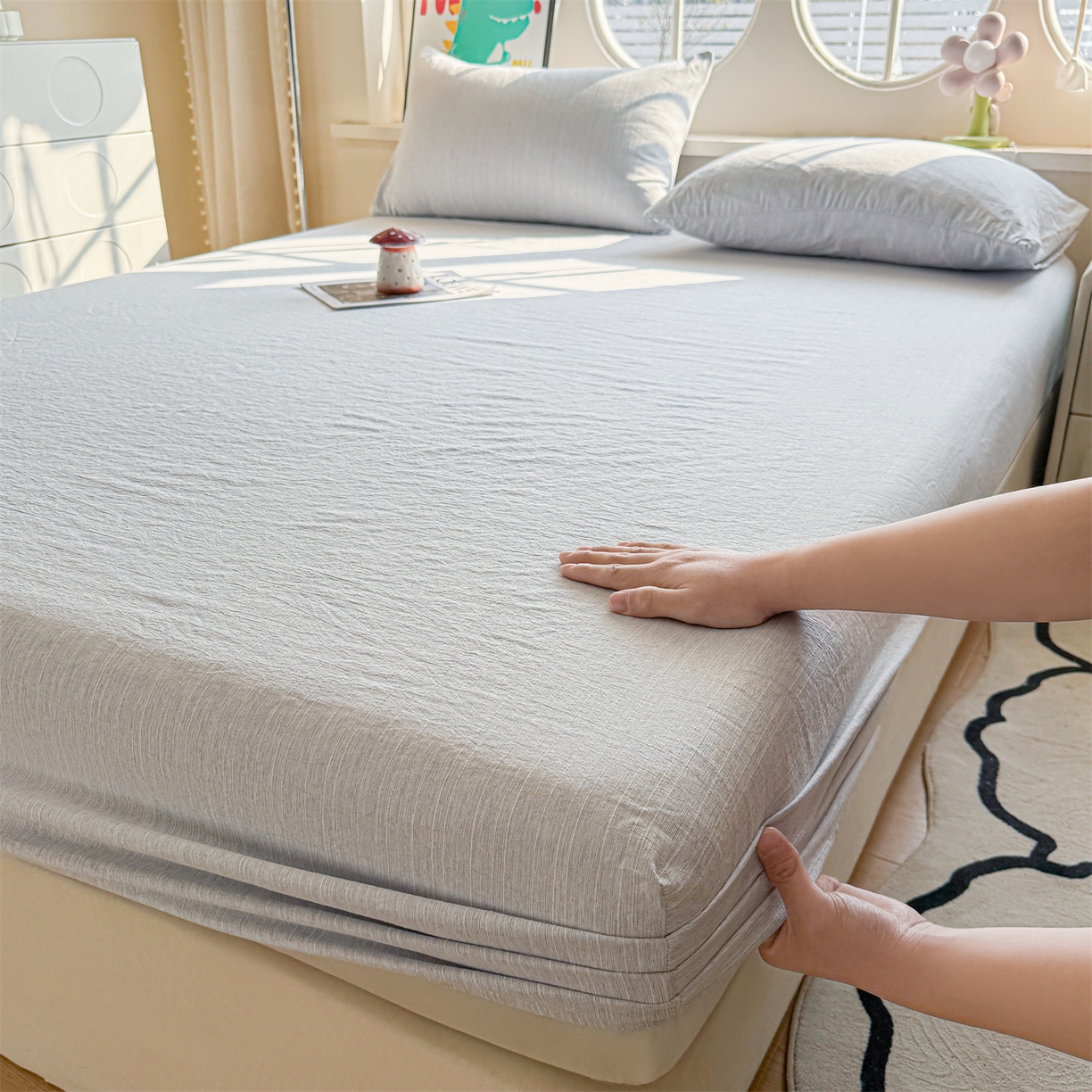 91家纺网 家纺一手货源 找家纺 雯豆家纺 2026春夏新款色织提花单层床笠三件套印花小清新卡通床罩 色织-牛仔蓝