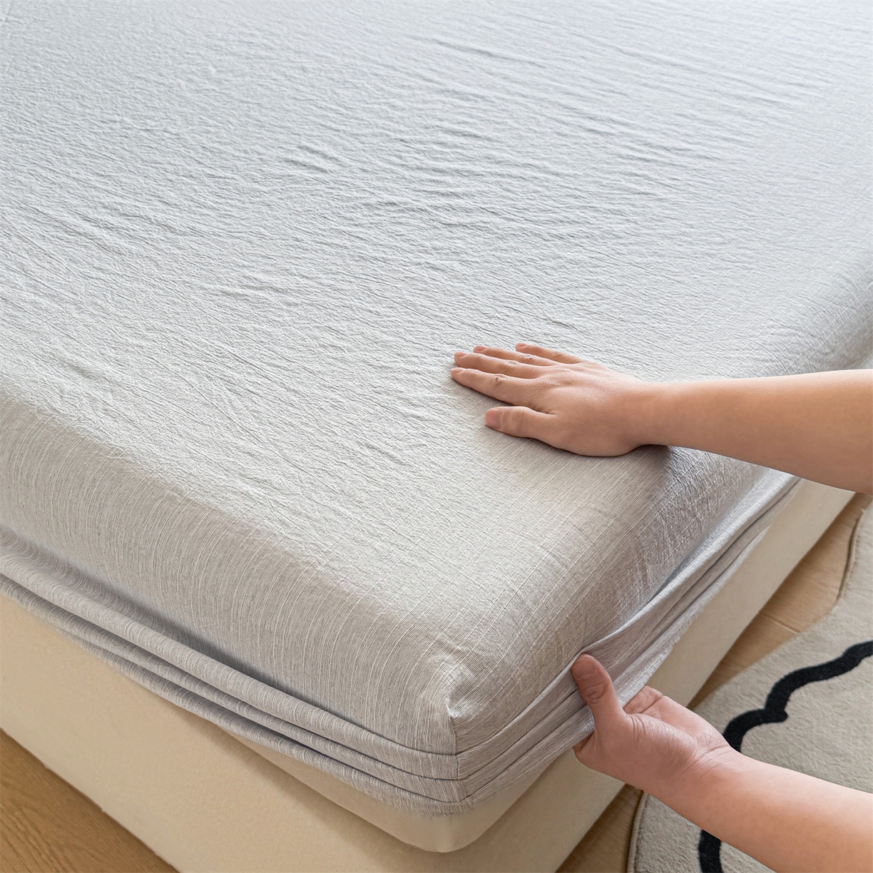 91家纺网 家纺一手货源 找家纺 雯豆家纺 2026春夏新款色织提花单层床笠三件套印花小清新卡通床罩 色织-牛仔蓝