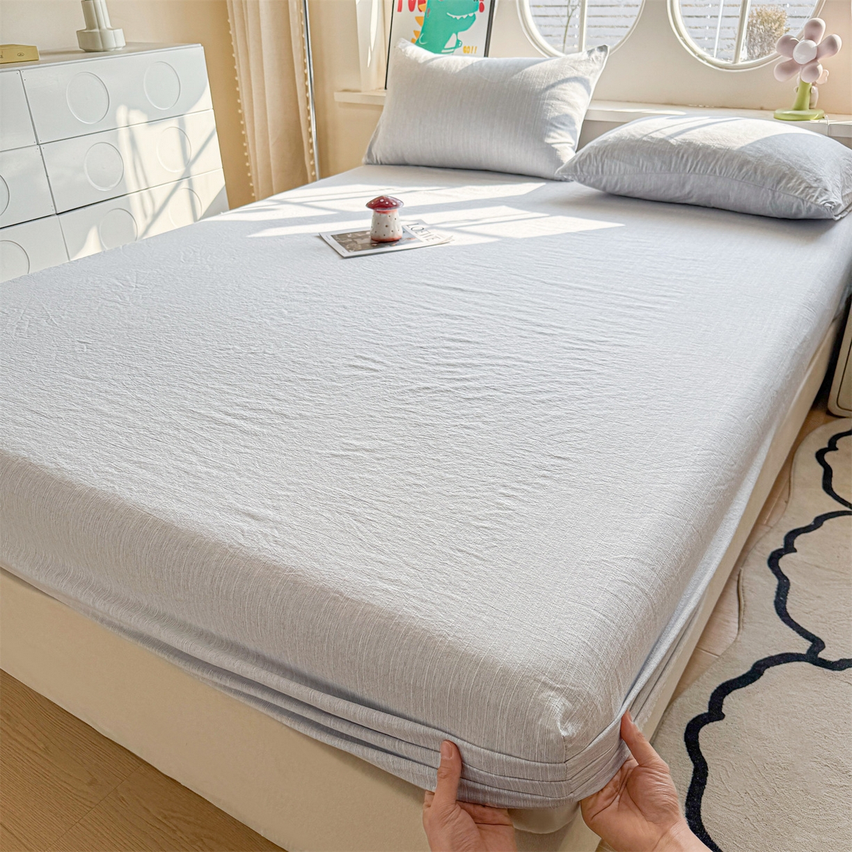 91家纺网 家纺一手货源 找家纺 雯豆家纺 2026春夏新款色织提花单层床笠三件套印花小清新卡通床罩 色织-牛仔蓝