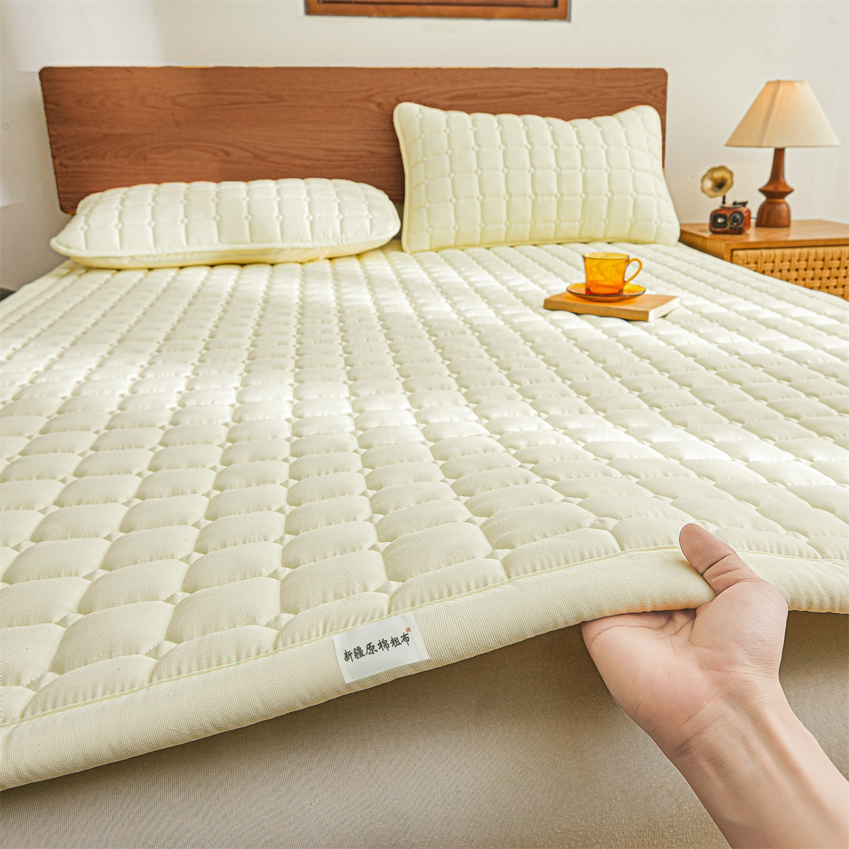 91家纺网 家纺一手货源 找家纺 雯豆家纺 2026春夏新款老粗布新疆棉花床垫床护垫加厚隔脏床垫遮盖物 老粗布-米白