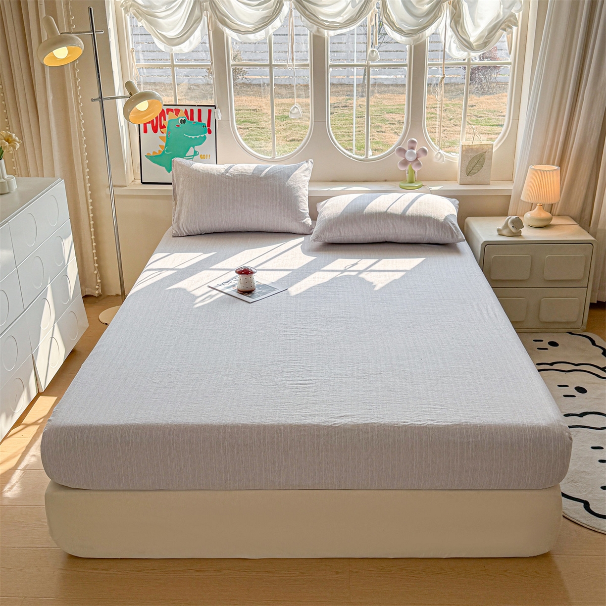 91家纺网 家纺一手货源 找家纺 雯豆家纺 2026春夏新款色织提花单层床笠三件套印花小清新卡通床罩 色织-葡萄青