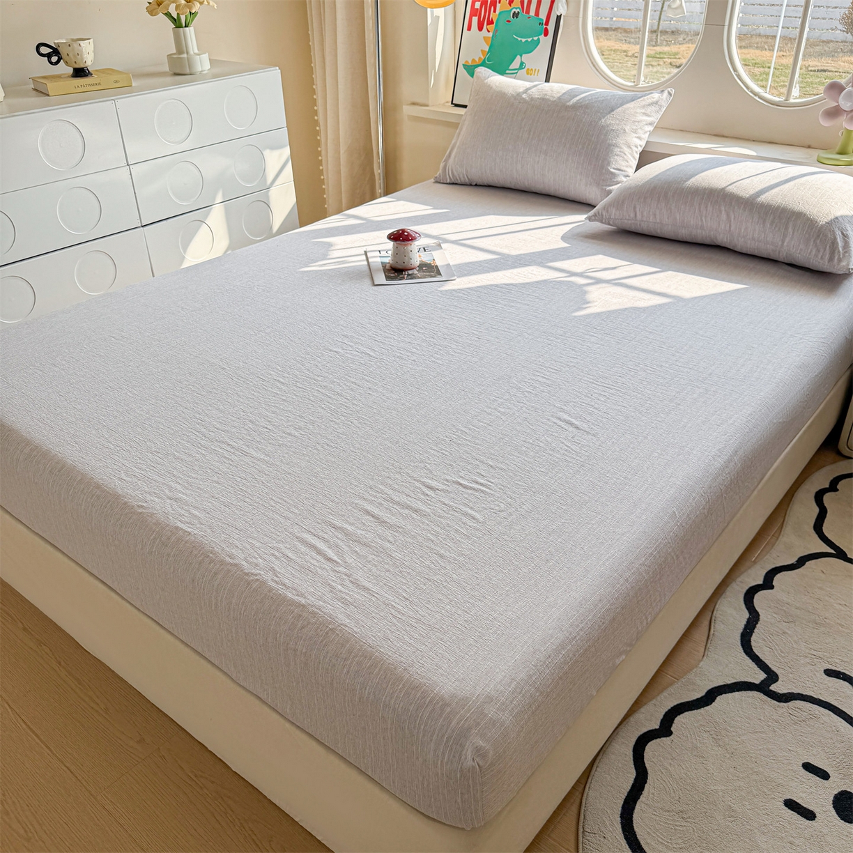 91家纺网 家纺一手货源 找家纺 雯豆家纺 2026春夏新款色织提花单层床笠三件套印花小清新卡通床罩 色织-葡萄青