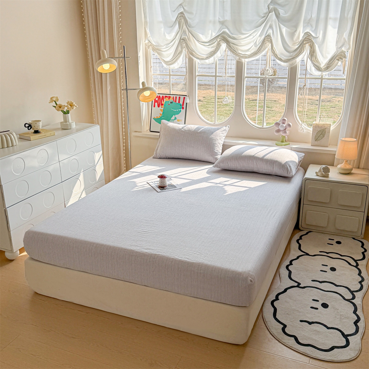 91家纺网 家纺一手货源 找家纺 雯豆家纺 2026春夏新款色织提花单层床笠三件套印花小清新卡通床罩 色织-葡萄青