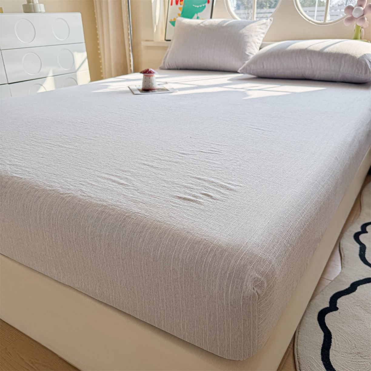 91家纺网 家纺一手货源 找家纺 雯豆家纺 2026春夏新款色织提花单层床笠三件套印花小清新卡通床罩 色织-葡萄青